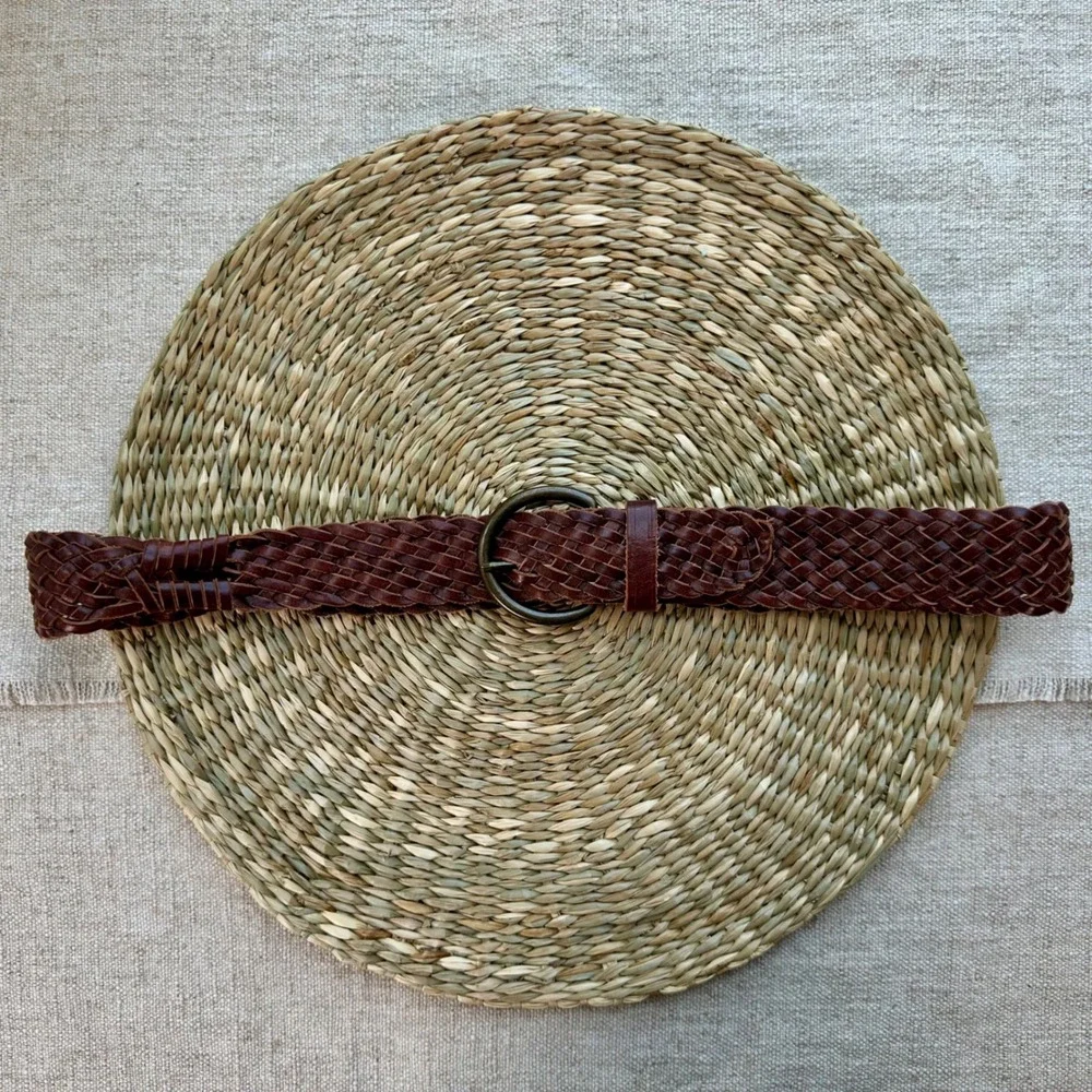 Gap Womens Brown Woven Leather Braided Belt Small Brass D-Ring Buckle Boho 40in